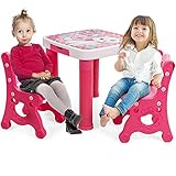 GOPLUS 3TLG. Kinder Sitzgruppe, Kindermöbel aus Kunststoff, Höhenverstellbare Tischgruppe, mit Schubladen, Tischplatte mit Grafik, für Kinder ab 3 Jahren, bis 50 kg belastbar (Rosa)
