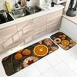 Banemi Teppich für Die Küche Waschbar, Teppich Antirutschunterlage Orangebraun Weihnachtsessen Muster 50X80cm+50X160cm Heimtextilien