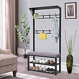 4 in 1 Garderobe mit Sitzbank, Freistehende Garderobenständer mit Schuhregal 2 Ablagen und Doppelhaken, Metallgestell, für Garderoben Schlafzimmer Flur L:80/100CM
