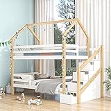 FEZTOY Kinderbett 90 x 200 cm mit 4 Treppe & Schubladen, Etagenbett für 2 Kinder mit Rausfallschutz und Lattenrost, Funktionsbett Hochbett Stockbett Jugendhochbett, Keine Matratze