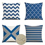 4er Set Marineblau Kissenbezüge 75x75cm Quadratisch Outdoor Wasserdichtes Leinen Kissenbezug Streifen Dekorative Kissenhülle Sommer Zierkissen für Garten Sofa Schlafzimmer Zuhause Dekoration JE-6060