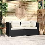 BULANED 2-Sitzer-Sofa mit Kissen, Lounge Sofa Outdoor, Garten Loungemöbel, Gartensofa, Gartenlounge, Balkon Set Möbel, Schwarz Poly Rattan