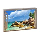 Querfarben Bild auf Leinwand Fensterblick Seychellen Strandbild 120 x 80 cm, Farbig, quer, Wandbild, Leinwandbild Fensterblickbild Meer