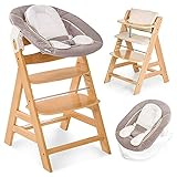 Hauck Alpha Newborn Set - Baby Holz Hochstuhl ab Geburt mit Liegefunktion inkl. Aufsatz für Neugeborene und Hochstuhlauflage, mitwachsend, höhenverstellbar - Natur Beige