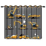 YONGFOTO 117x138cm Bauwagen Verdunkelungsvorhänge Cartoon Bagger Gelb Kinder Maschinen Auto Schwarz für Wohnzimmer Kinderzimmer Fenstervorhänge, 2 Panel Home Set mit Löchern