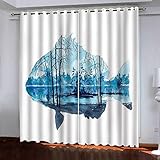 Gardinen Blickdicht Ösen Kinder 3D Abstrakter Blauer Fisch Muster H 200 X B 200 cm 2Er Set Isolierung Schattierung Kinder Schlafzimmer Gardine Wärmeisolierender Ösens Vorhang Fenster Dekoration