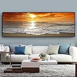 Leinwand-Wandkunst, Sonnenuntergänge, natürliches Meer, Strandlandschaft, Poster und Drucke, skandinavisches Panorama-Wandbild für Wohnzimmer, 70 x 210 cm, rahmenlos