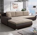 Furnix Ecksofa Tommaso mit Schlaffunktion und Bettkasten - Couch Sofa mit Kissen - L-Form Sofa, Stellfüße in Chromoptik - B297 x T210 x H85 cm, Liegefläche 255 x 150 cm - TY4-MA128 (beige/braun)