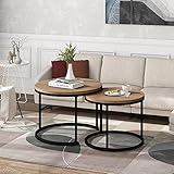 Merax Runder Couchtisch 2er Set, Runder Couchtisch mit Massivholzplatte, Runde Couchtische mit Akzenten aus Holz, Couch Beistelltisch - 50 cm hoch (Eiche)