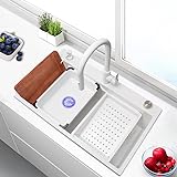 Weiße Nano-Multifunktionsspüle, Edelstahl-Einzelspüle für die Küche, mit Konsolensieb und weißem Seifenspender, für Küche, Restaurant, Bar (68 x 45 x 22 cm)