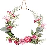 ABOOFAN Metall Türkranz Osterkranz Frühlingskranz Künstliche Blumen Metallring Eukalyptus Kranz Girlande Nelken Blumenkranz Floral Wandkranz Ostern Frühling Haustür Deko Anhänger