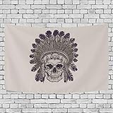 IUBBKI 102 cm x 152 cm, Totenköpfe, Federn, Kriegshaube, grauer Wandteppich, Wandbehang, Heimdekorationen für Wohnzimmer, Schlafzimmer, Wohnheim