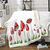 Loussiesd Pilz-Überwurfdecke, botanische Pflanzen, Fleece, Sherpa-Decke, Plüschdecke für Stuhl, Sofa, Couch, Mikrofaser, Cartoon-rote Pilze, Raumdekoration, wendbar, 127 x 152,4 cm