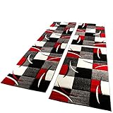 Paco Home Bettumrandung Läufer Teppich Modern Karo Rot Grau Schwarz Weiss Läuferset 3 TLG, Grösse:2mal 80x150 1mal 80x300