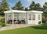 Alpholz 5-Eck Gartenhaus Pepe-28 aus Massiv-Holz | Gerätehaus mit 28 mm Wandstärke | Garten Holzhaus inklusive Montagematerial | Geräteschuppen 442 x 302 cm + 300 cm | Flachdach