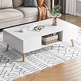 SORVA Couchtisch mit 4 Schubladen, rechteckiger Wohnzimmertisch Mitteltisch mit Massivholzbeinen für Wohnzimmer, kleine Wohnung, Heimbüro, kleine Moderne Möbel