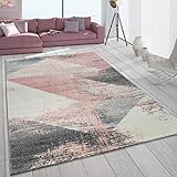 Paco Home Teppich Wohnzimmer Grau Weiß Rosa Pastell Dreieck Muster Vintage Design Kurzflor, Grösse:140x200 cm