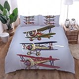 VACSAX Bettbezug 200x200 cm Rotes Oldtimer-Flugzeug 3D Kinder Bettwäsche Set Mikrofaser, Weich Bettbezüge 2 Kissenbezug 80x80 cm Mit Reißverschluss, Druck Bettwäsche Set 3 Teilig, Weiche Microfaser