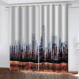 GSKOQD Vorhang Blickdicht Verdunkelungsvorhang Junge Mädchen Schlafzimmer Kinderzimmer Gardinen Mit Ösen 220X214Cm (B X H) 3D Bemalte Stadtgebäude Muster Ösenschal 2Er Set Vorhänge Blickdicht