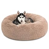 BEDSURE Beruhigendes Bett für große Hunde, Donut-Kuschelbett, waschbar, rund, 76 cm, flauschiges Kunstfell, Anti-Stress, Katzenbett, für Tiere bis 18 kg, Hellbraun (Camel)
