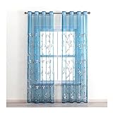 Voile Vorhang 160, 160 x 86 cm (Höhe x Breite) Gestickte Blume Zweig Muster Net Sheer Vorhang, Blau