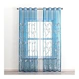 Voile Vorhang 160, 160 x 86 cm (Höhe x Breite) Gestickte Blume Zweig Muster Net Sheer Vorhang, Blau