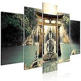 decomonkey Bilder Buddha 200x100 cm 5 Teilig Leinwandbilder Bild auf Leinwand Wandbild Kunstdruck Wanddeko Wand Wohnzimmer Wanddekoration Deko Zen Orient Wasserfall