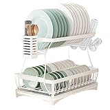 CAKERS Abtropfgestell Mit Abnehmbarer Abtropffläche|2-stufiges Trockengestell Aus Edelstahl Für Die Küchentheke|Geschirrsieb Mit Utensilienhalter|42,1x30,1x36,5Cm(16,5x11,8x14,3Zoll),Weiss