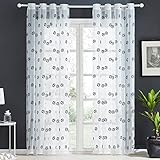 Topfinel Voile Gardinen mit Ösen in Leinen-Optik Fußball-Stickerei für Kinderzimmer Wohnzimmer Fenster Tülle Vorhänge Transparente Dekoschal 2er Set je 160x140cm (HxB) Schwarz
