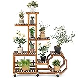 COSTWAY Pflanzenregal Blumenregal, Blumenständer auf Rollen, Garten Blumentreppe Holz, Pflanzentreppe mehrstöckig, Holzregal Pflanzenständer, für Balkon Garten Terrasse (107x29x126 cm)