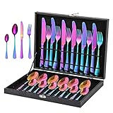 Regenbogen besteck,Sulypo edelstahl geschirr set,besteck bunt 24-teilig,Spiegel polierten besteck-set 6 personen in exquisiter Holzkiste als perfektes Geschenk Kinder