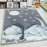 HomebyHome Kinderteppich Kurzflor Dino Wolke Design Kinderzimmer Babyzimmer Spielzimmer 8 mm Florhöhe Weich Rechteckig Rund Läufer Blau, Farbe:Blau, Grösse:120x170 cm