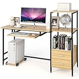 LIFEZEAL Computertisch mit Tastaturauszug und Mainframeablage, Schreibtisch mit Schubladen und Regalen, Bürotisch aus Holzplatte und Metallgestell, PC-Tisch mit Stauraum 140x50x110cm (Natur)