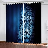 DANLIM Verdunkelungsvorhänge 3D Blauer Tierleopard Druck Muster Ösen Vorhang 2Er Set 200X214cm (BxH) Vorhänge Blickdicht Gardinen Wohnzimmer Kinderzimmer Thermo Vorhänge Fensterdekoration