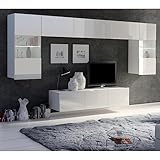 Lomadox Wohnwand Anbauwand weiß Hochglanz 5-teilig Modern, mit 1 TV-Lowboard, 2 Hängevitrinen mit Beleuchtung, 2 horizontale Hängeschränke