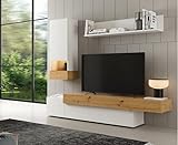 Wohnwand Aura 5 Weiß Hochglanz + Eiche Organic 200cm Anbauwand Lack Lowboard Schrankwand