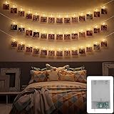 CozyHome Fotowand LED Lichterkette mit Batterie - 30 LED Warm-Weiß 5 Meter & Timer | Wand Foto Zimmer Deko Mädchen Teenager | Fotoclips Geschenk-ideen Polaroid Fotokette mit Klammern Fotolichterkette