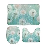 3-teiliges Badematten-Set, Pusteblumen-Design, Türkis, WC-Deckelbezug, rutschfeste Badezimmerteppiche
