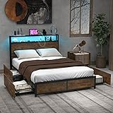 COSTWAY Stauraumbett mit LED Beleuchtung, Ladestation & 4 Schubladen, Doppelbett mit Kopfteil & Lattenrost, Industrielles Bett, Metallbett Bettrahmen 200 x 140 cm