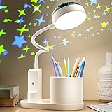 TechKen Schreibtischlampe Kinder, LED Nachttischlampe Tischlampe Dimmbar Helligkeitsstufen Wiederaufladbare Deraufladbare Lampe Schwanenhals Tischlampe Studienlampe mit Stifthalter Stern Projektion