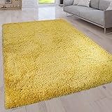 Paco Home Hochflor Teppich Wohnzimmer Schlafzimmer Waschbar In Waschmaschine rutschfest Weich Shaggy Modern Einfarbig, Grösse:120x160 cm, Farbe:Gelb