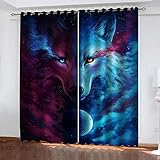 DANLIM Verdunkelungsvorhang Kinderzimmer Junge Mädchen Blickdichter Ösenvorhang 200X214cm(BxH) 3D Digitaldruck Blauer Abstrakter Wolf Ösenschal 2Er Set, Vorhänge Schlafzimmer Thermo Gardinen