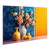 islandburner Bild auf Leinwand Bunte Vasen Blumen Zitronen Blau Gelb Stillleben Garten Generative KI Bilder Wandbilder Poster