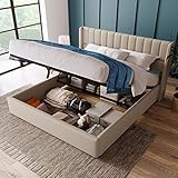 ZYLOYAL10 Stauraumbett Polsterbett Hydraulisch Doppelbett Lattenrost aus Holz, Bett mit Lattenrost aus Metallrahmen, Leinen (Beige, 140x200cm)