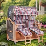 Strandkorb Hanse Koloss Teak XXL mit Bullauge & fertig montiert, 2,5 Sitzer Ostsee Volllieger in Bunt, 145cm breit, inkl. Schutzhülle