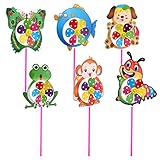 6 Stück Kinder Windrad Cartoon Tier Windräder Gartendekor Windmühle 3D Tierwindmühle mit Stange und Schraubverschluss Draußen Rasenhof Patio Party Gartendekoration Windrad Süße Windmühle