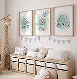 artpin® 3er Set Poster Kinderzimmer Skandinavische Deko - A4 Bilder Babyzimmer grau Deko Junge mint P48