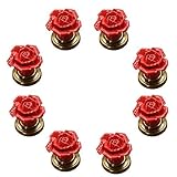 8 Stück rote Keramik-Türknäufe mit Rosenblüten-Motiv, mit Messingsockel für Kinderzimmer, Schublade, Schrank, Truhe, Mülleimer, Kommode, Schrank usw. mit Schrauben
