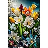 DIY Diamant Painting Bilder,5D Diamond Painting,Strass Leinwand Kreuzstich Stickerei Malen nach Zahlen Diamond Art Painting für Schlafzimmer Büro Wand Dekoration Tulpenblumen Round drill,70x90cm