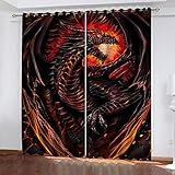 Gardinen Wohnzimmer Mit Ösen 3D Cartoon-Flammenmonster-Drache Druck Muster Vorhang Blickdicht Für Kinderzimmer Schlafzimmer, Verdunklungsvorhänge 2Er Set, Schallschutz Thermovorhang 234X230cm (BxH)